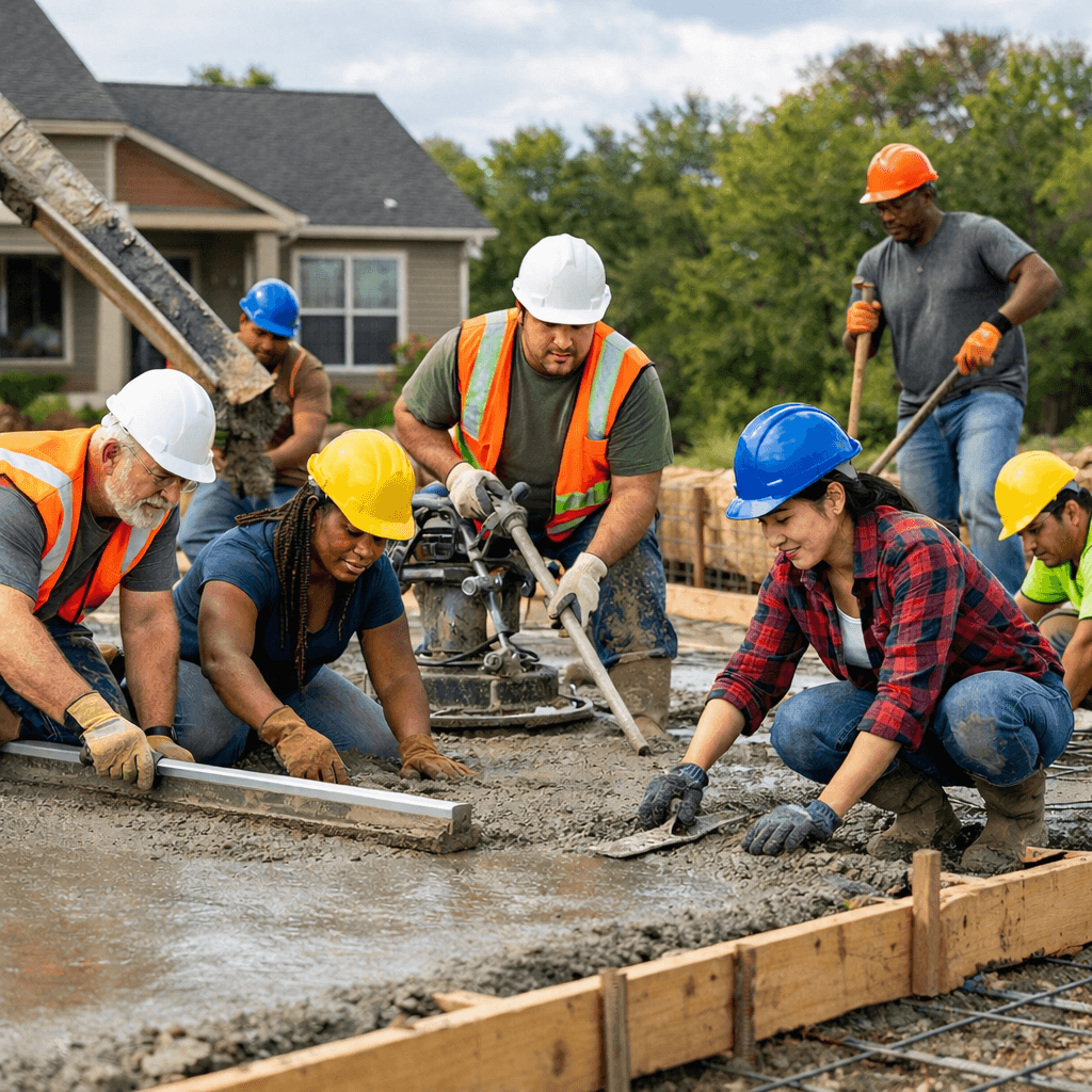 Build N Fixit contractors laying a concrete foundation for a Sacramento home renovation project